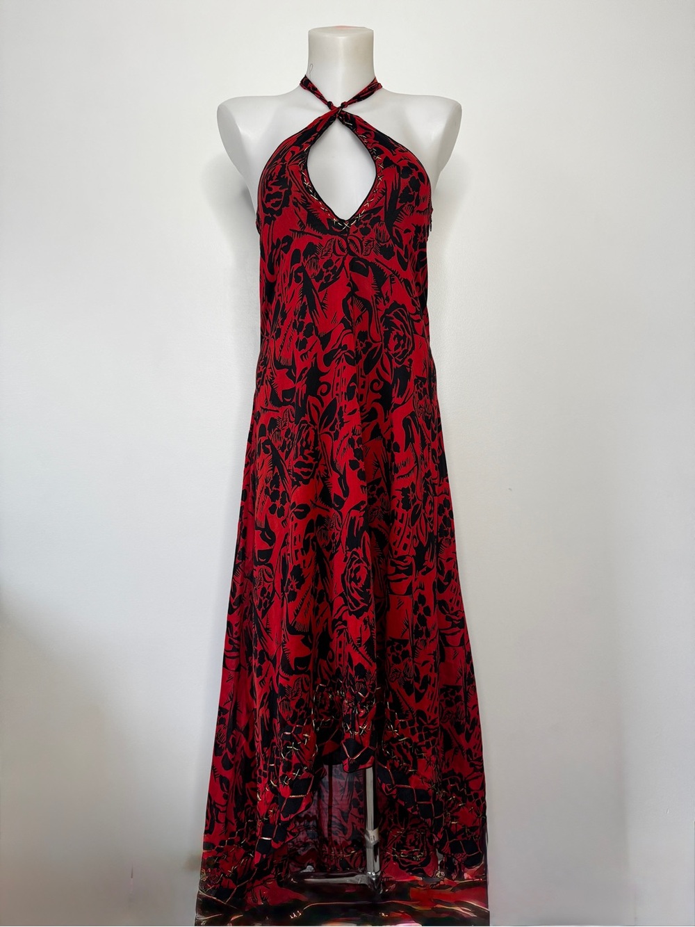LaRok Maxi Dress Silk Cotton High-Low Red Black Floral Adjustable Tie Up Sz S